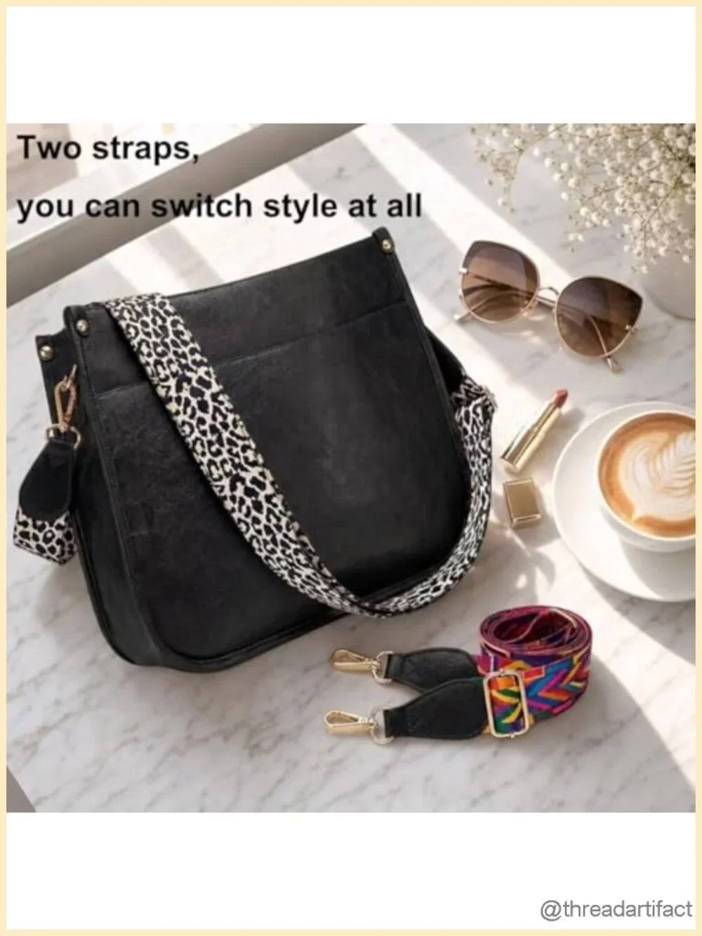 Vegan Leather Crossbody Bag with 2 Guitar Straps, Zip Pockets, Shoulder Bag